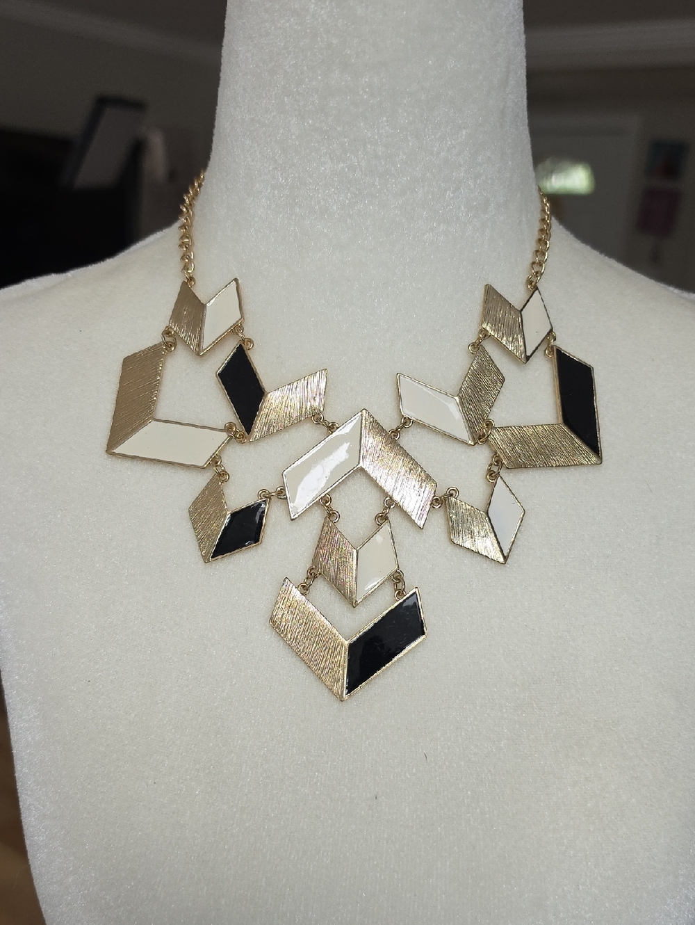Gold Tone Black & White Geometric Statement Necklace